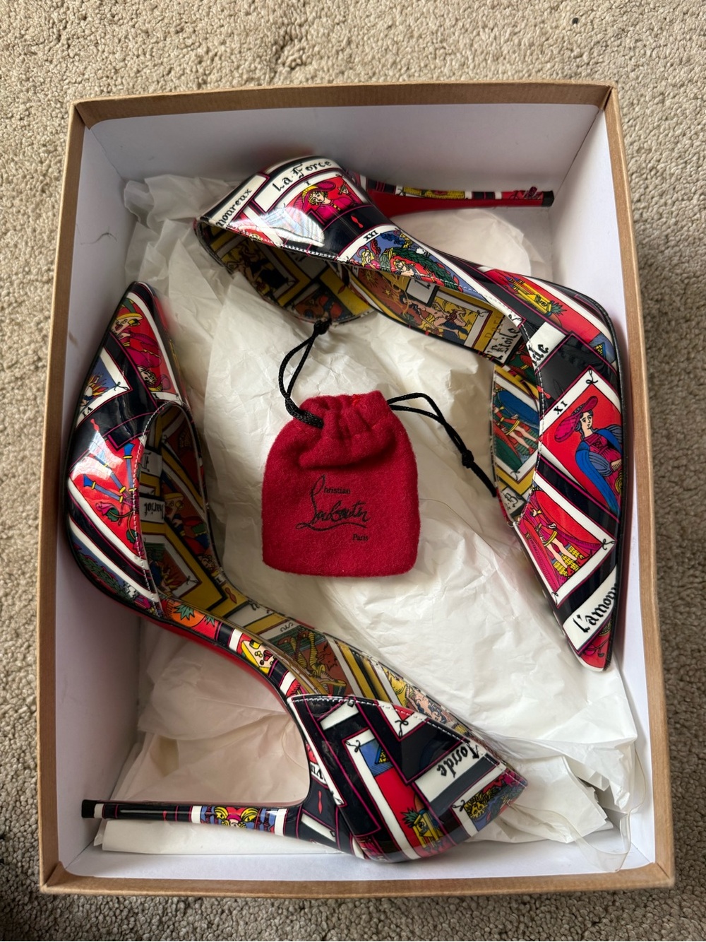 Authentic Christian Louboutin Tarot-Print Patent Leather Pumps - Red Multicolor
